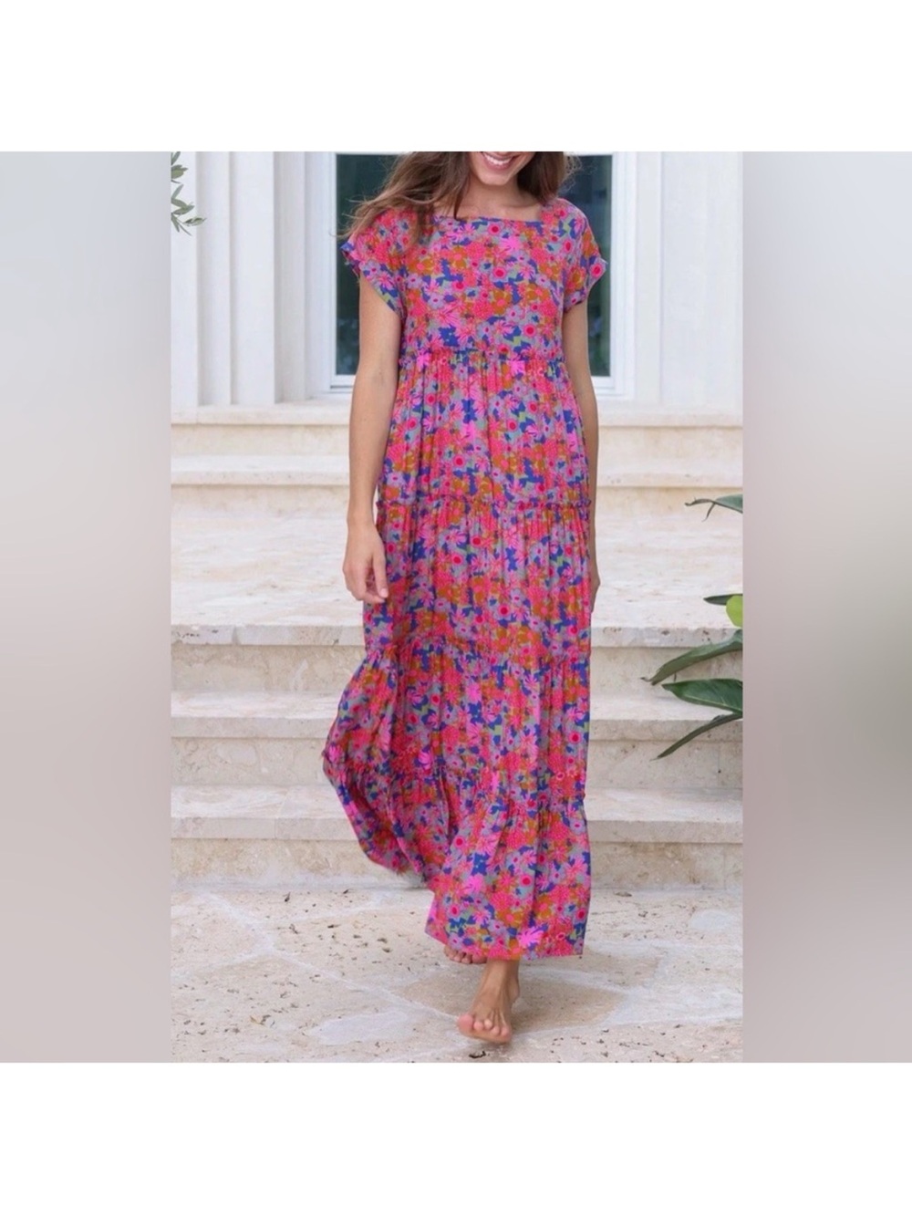 Natural Life Womens Small Berkley Maxi Dress Rust Orchid Pink Tiered Sun Dress